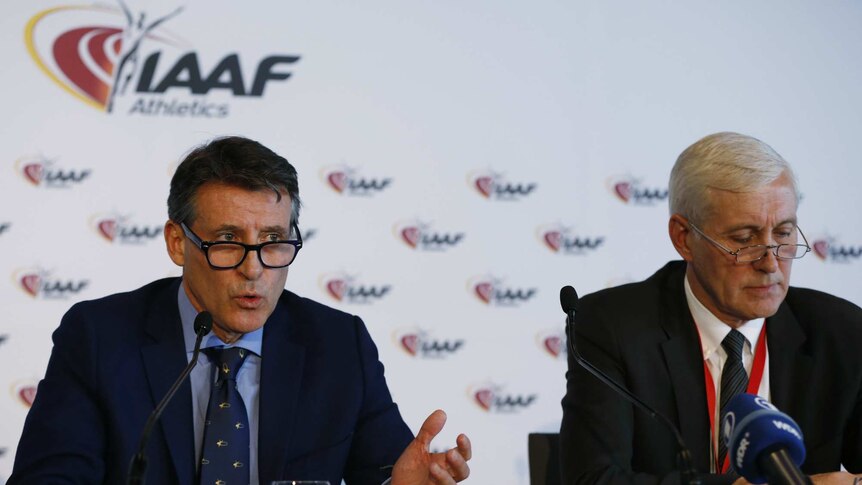 IAAF president Sebastian Coe and Rune Andersen sitting at a press conference
