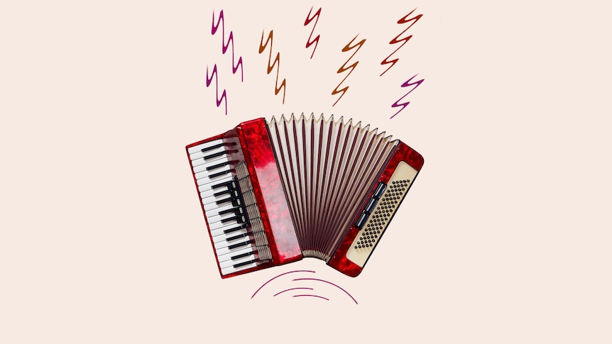 A red piano accordion with the bellows open as if being played. Pink and orange streamers suggest energy and motion. 