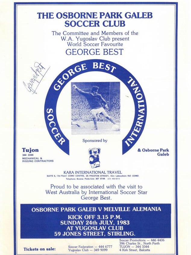 A poster detailing George Best's visit to WA.