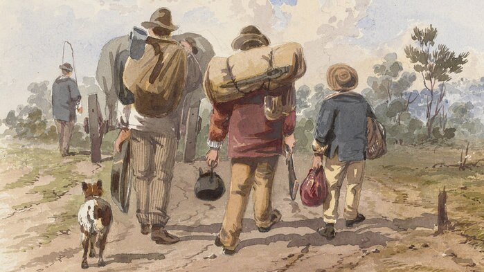Painting of 'Diggers on way to Bendigo, 1869' by ST Gill, Pictures Collection, State Library Victoria