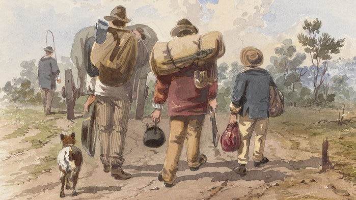 Painting of 'Diggers on way to Bendigo, 1869' by ST Gill, Pictures Collection, State Library Victoria