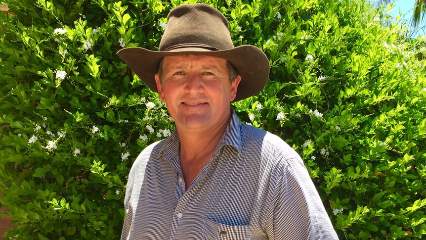 A man wearing a long sleeve button up shirt and akubra standing in front of a tree facing the camera.