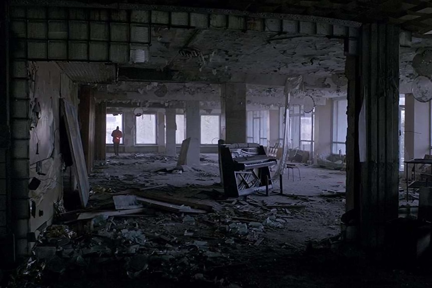 Photograph from 2018 film Loveless of a decaying and abandoned room in a tall building.