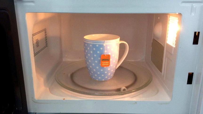 Cup and teabag in the microwave