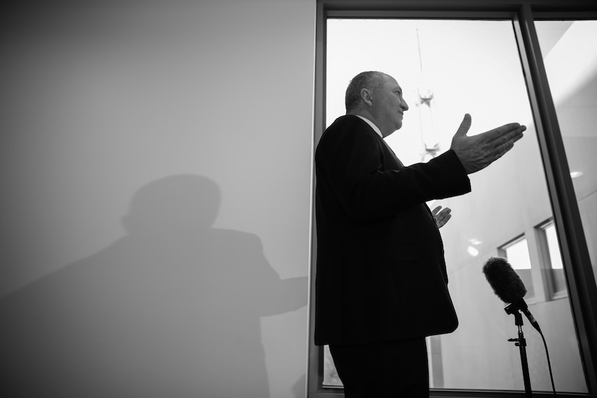Barnaby Joyce in black and white from a low angle speaking at a press conference with his shadow on the wall behind him