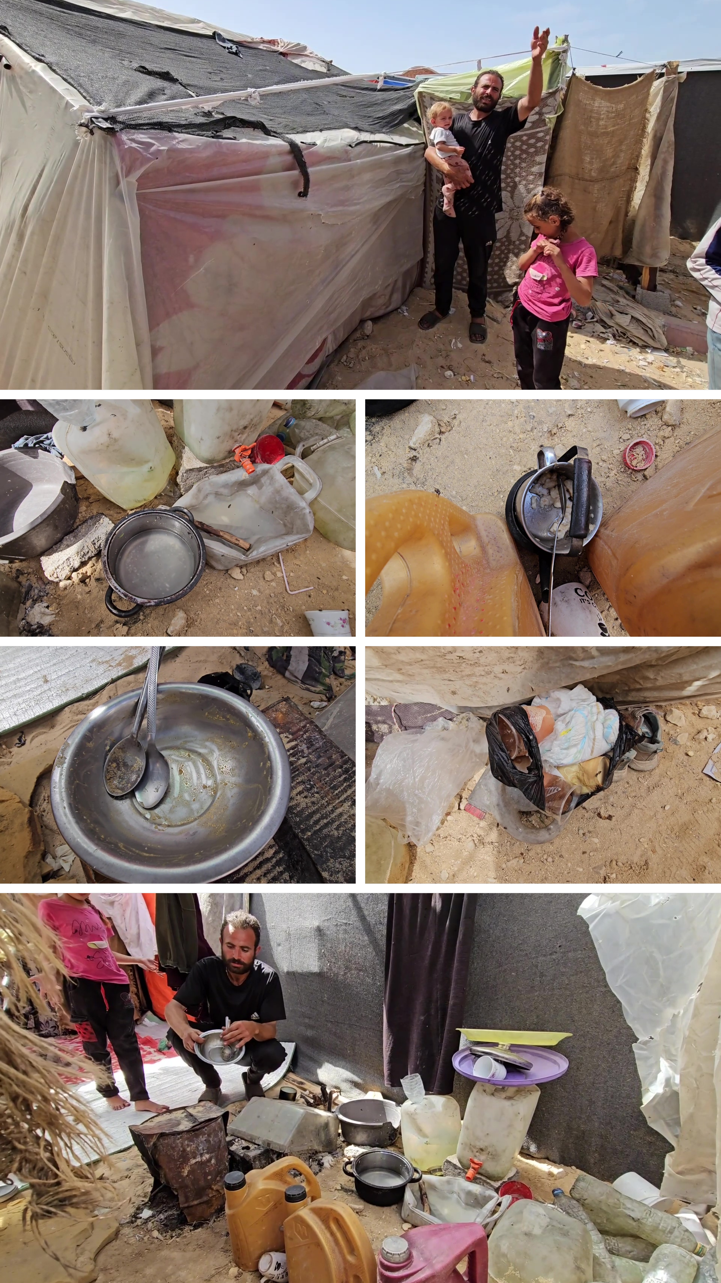 A grid of photos showing dirty dishes and trash inside a tent