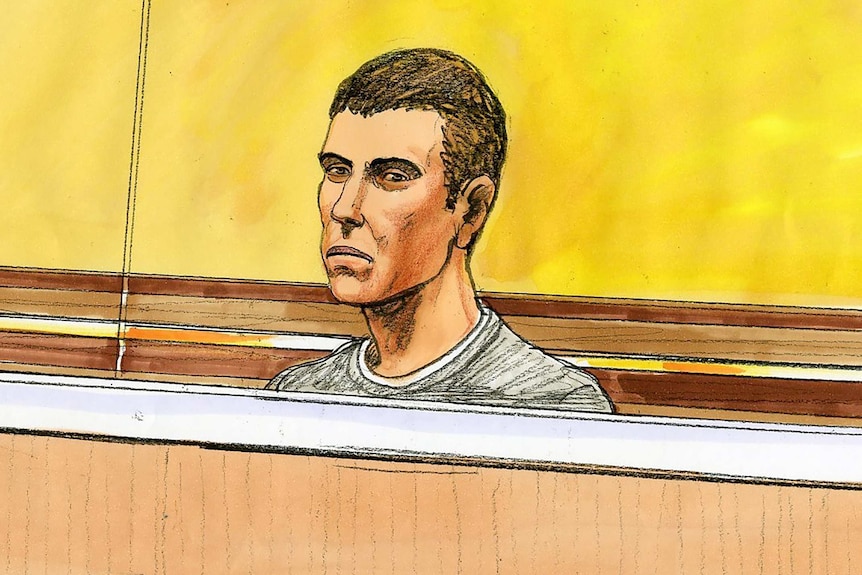 Court sketch of Tyler Skerry who has short hair and is sitting in the dock.