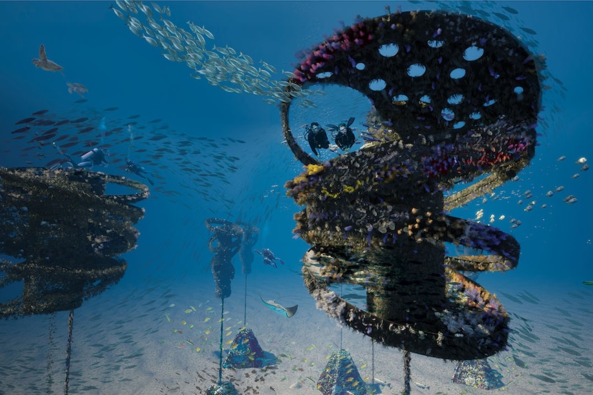 Impresión artística de dos buzos y vida marina nadando en el nuevo arrecife flotante artificial de Gold Coast.