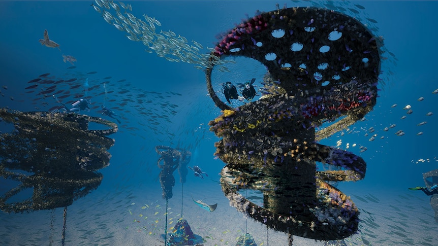 Artist's impression of two divers and marine life swimming around on the Gold Coast's new artificial floating reef.
