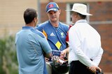 Bollinger speaks with chairman of selectors Andrew Hilditch and selector Greg Chappell at training on Tuesday.
