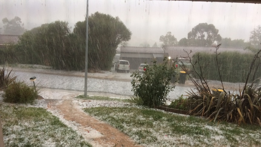 Heavy hail falling on the street.