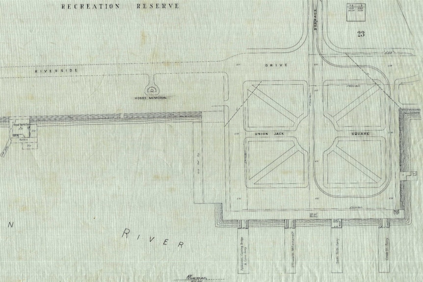 Hand drawn black and white survey map showing the layout of a space with pathways in union jack shape