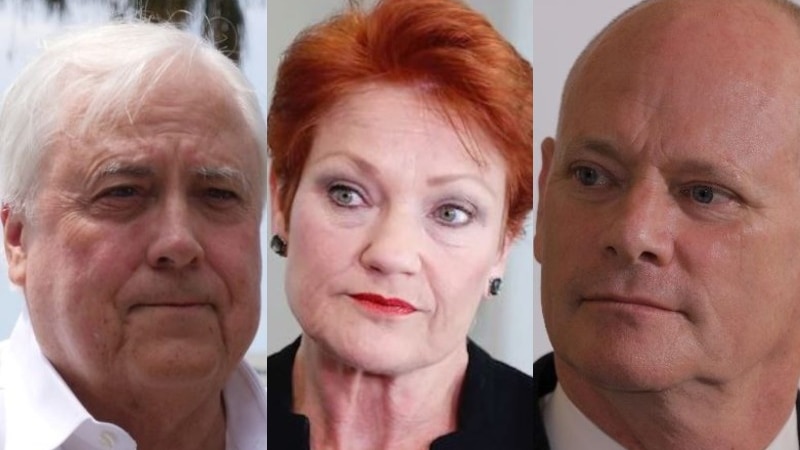Composite of Queensland Senate candidates Clive Palmer (left), Pauline Hanson (centre) and Campbell Newman (right).