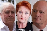 Composite of Queensland Senate candidates Clive Palmer (left), Pauline Hanson (centre) and Campbell Newman (right).