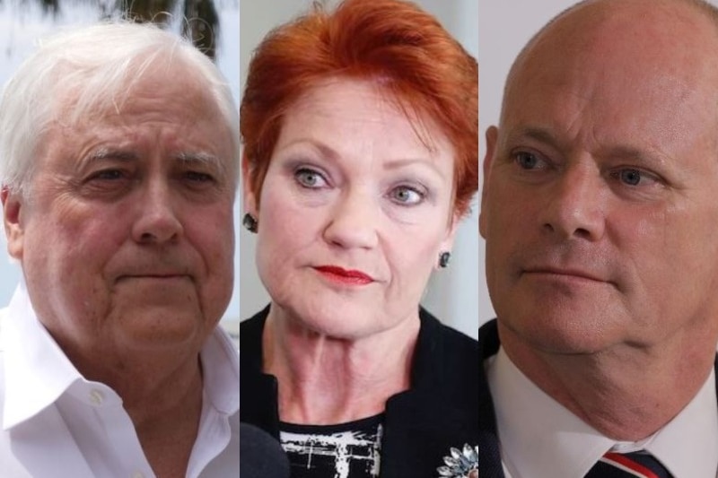 Composite of Queensland Senate candidates Clive Palmer (left), Pauline Hanson (centre) and Campbell Newman (right).