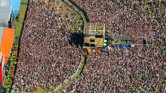 An aerial shot shows huge crowds of people at the Big Day Out festival.