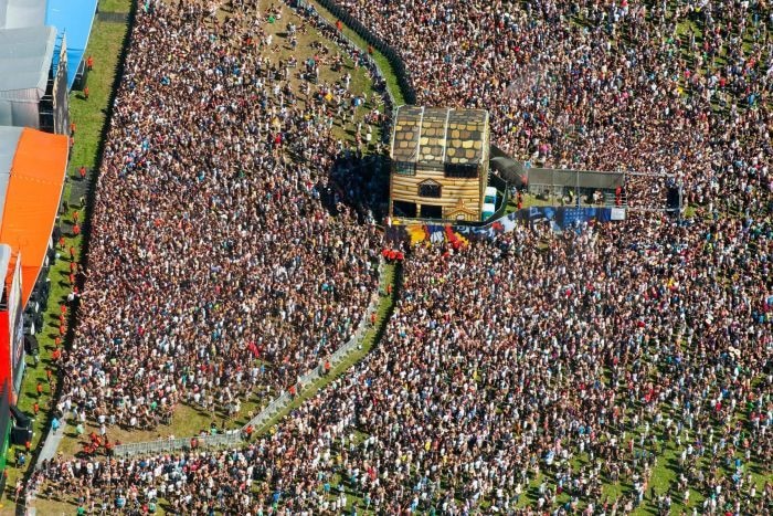 An aerial shot shows huge crowds of people at the Big Day Out festival.
