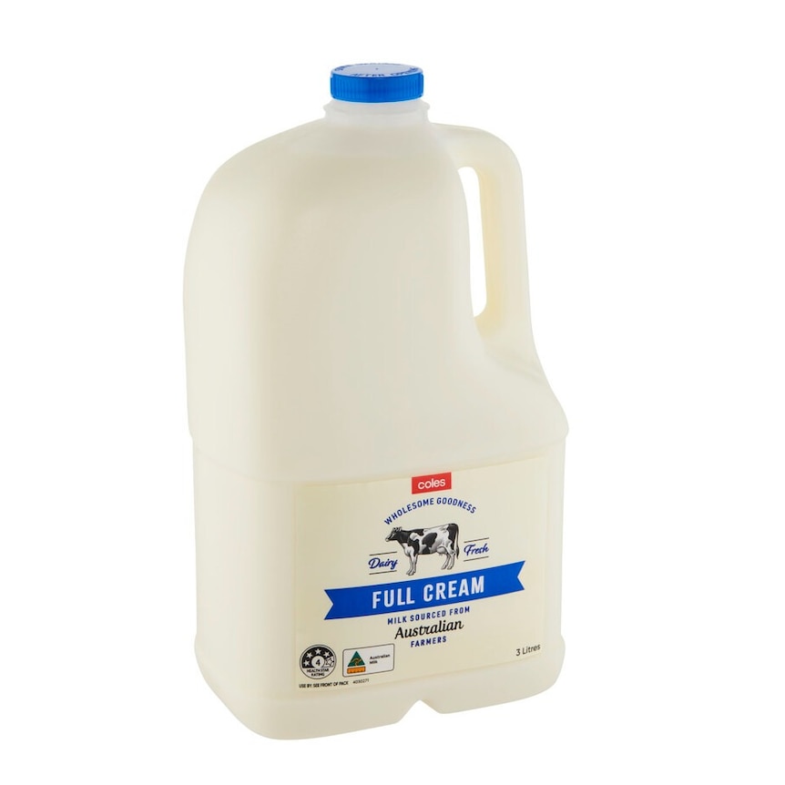 a Coles brand 3 litre plastic milk bottle with no background