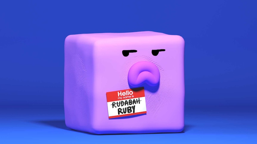 Square character wearing name tag with 'Rudabah' crossed out and replaced with 'Ruby' to depict changing name when job hunting.