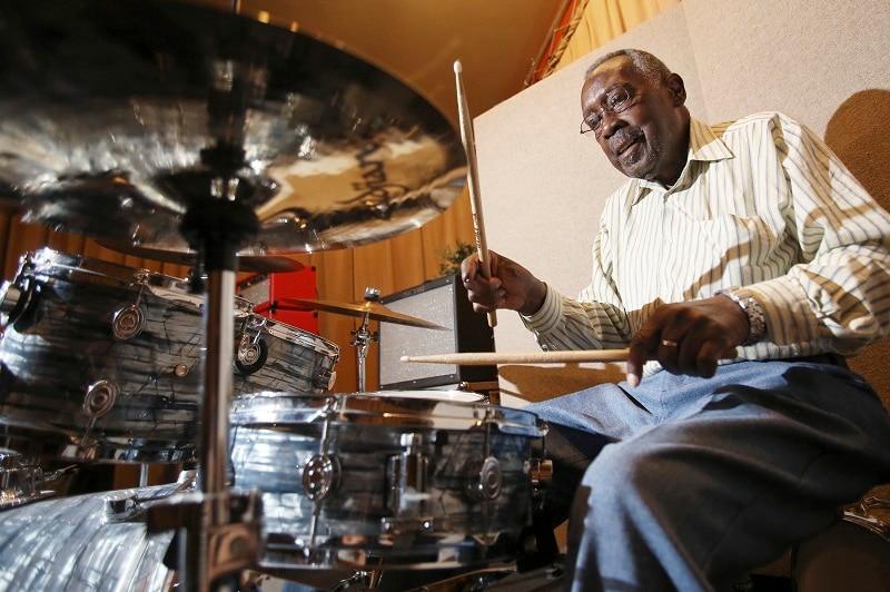 Clyde Stubblefield playing the drums in 2015.