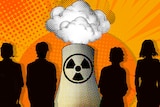 A graphic showing silhouettes of four teenagers standing on either side of a nuclear power plant with steam rising from it.