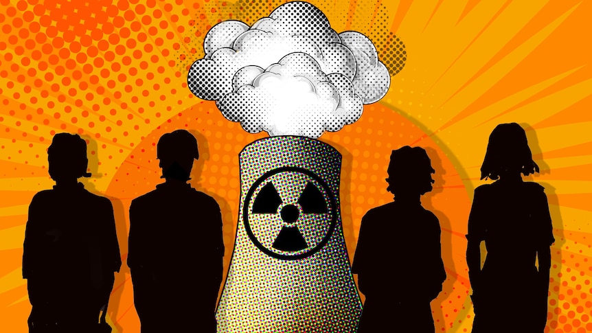A graphic showing silhouettes of four teenagers standing on either side of a nuclear power plant with steam rising from it.