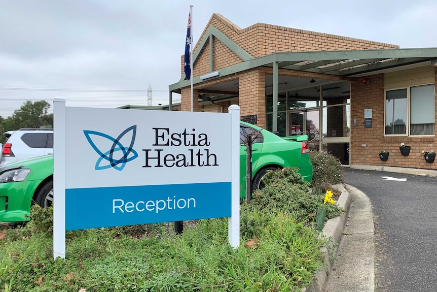 An Estia Health reception sign at an aged care facility in Ardeer.