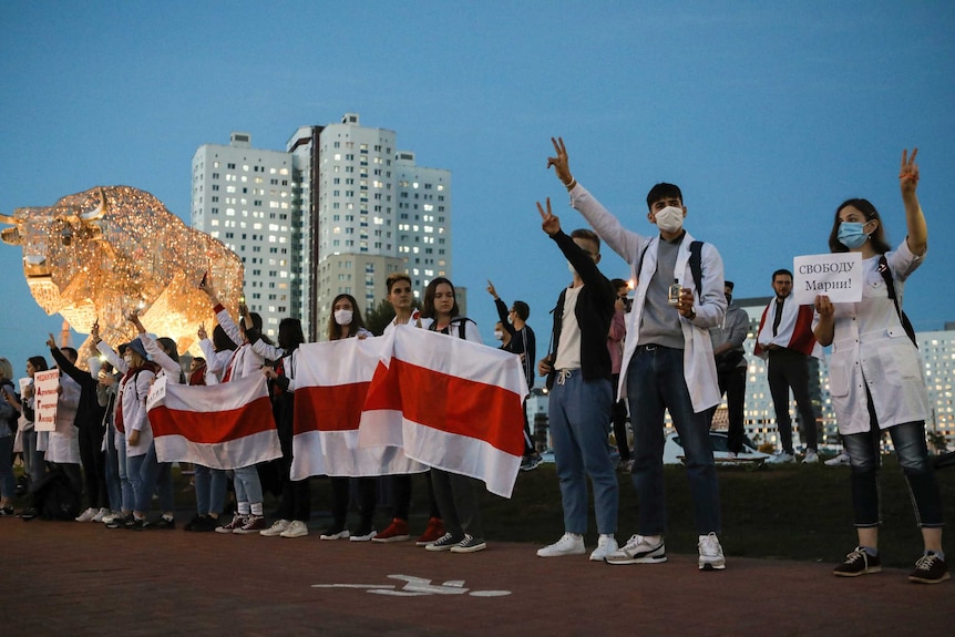 Belarusian medical workers protest in support of Maria Kolesnikova in Minsk.