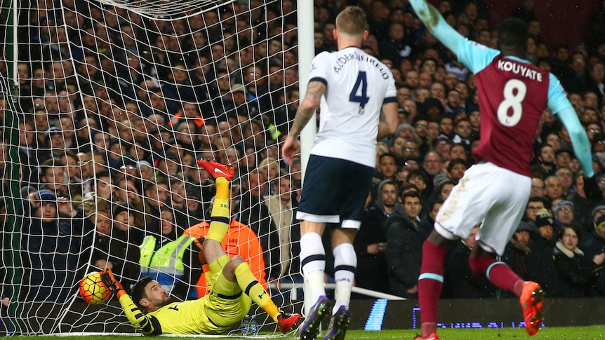 Spurs keeper Hugo Lloris beaten by West Ham's Michail Antonio (not pictured) in the Premier League.