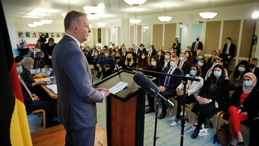 Albanese stands at a lectern looking out at rows of seated Labor politicians, inside their party room.