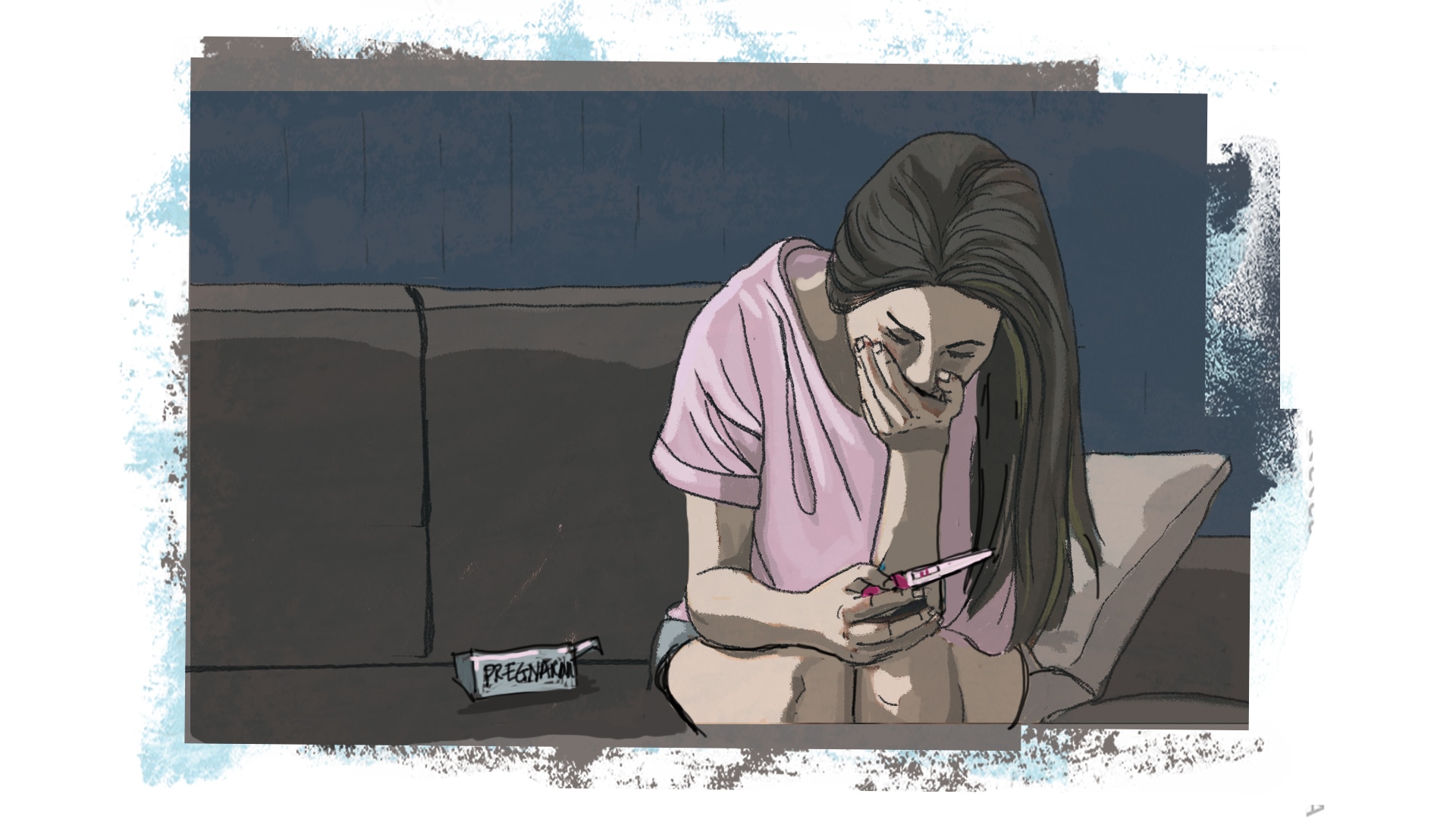 O desenho de uma menina olhando para um teste de gravidez positivo, cobrindo a boca. 