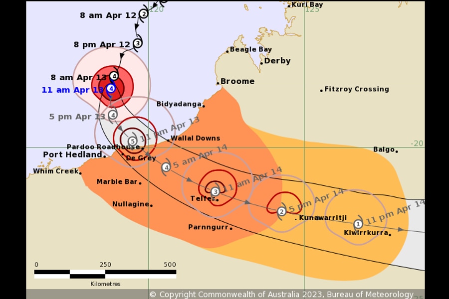 A map of a cyclone's expected path