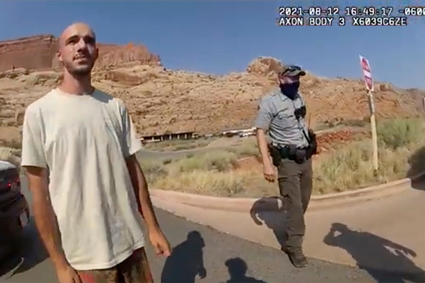 Brian Laundrie seen standing by a police vehicle after him and Gabby Petito were pulled over.