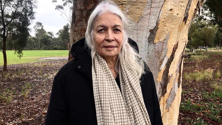 A woman with long grey hair, wearing a checked scarf and black coat, stands in front of a tree.