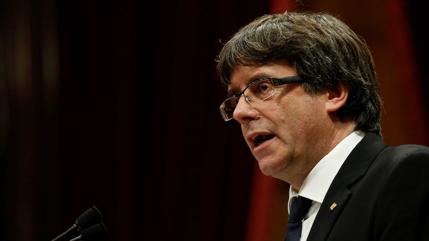 Catalan President Carles Puigdemont delivers a speech.