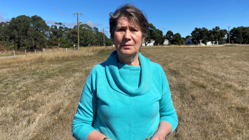 A photo of a woman with blue jumper on standing in paddock 