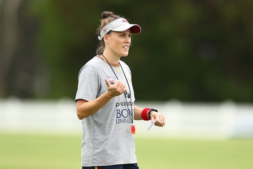 Retired AFLW player Emma Zielke coaching at Brisbane Lions training 