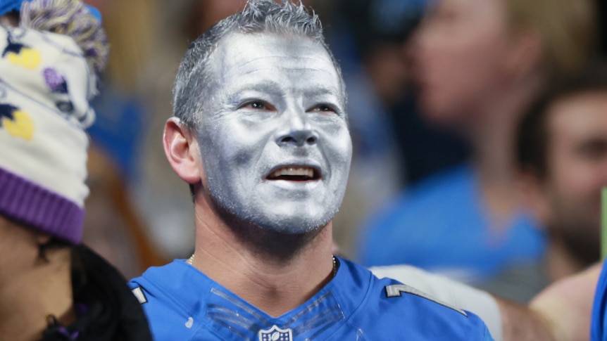 A fan with silver facepaint looks on during an NFL match