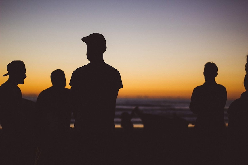 Silhouetted young people staring at the horizon at dusk