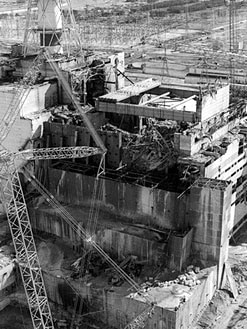 Aerial view of explosion of Chernobyl nuclear power plant