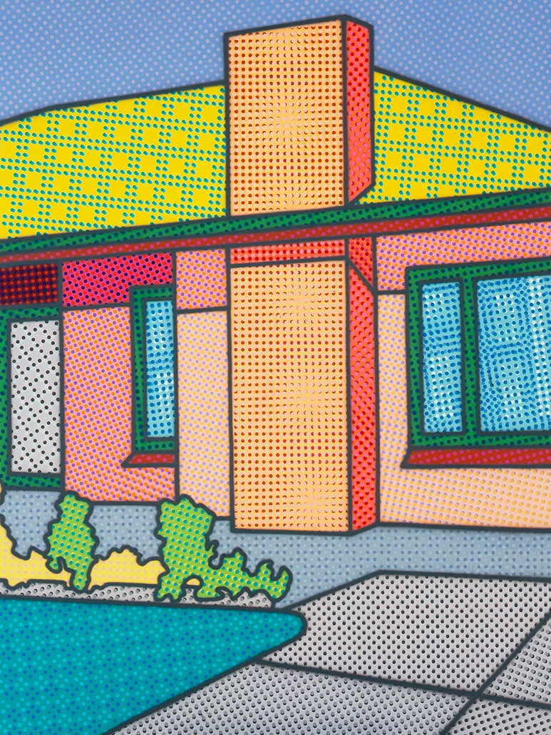A brightly coloured, comic book style painting of a suburban house