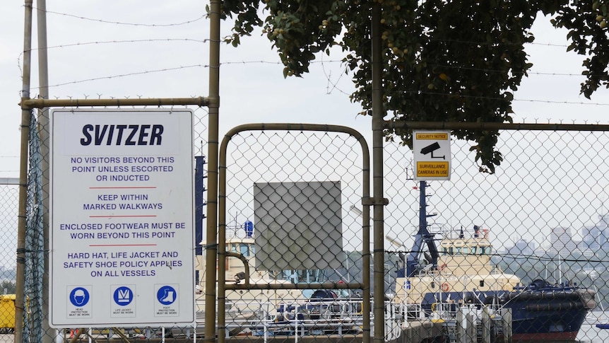 A locked gate in front of boats on the port water bears a 'Svitzer' sign.