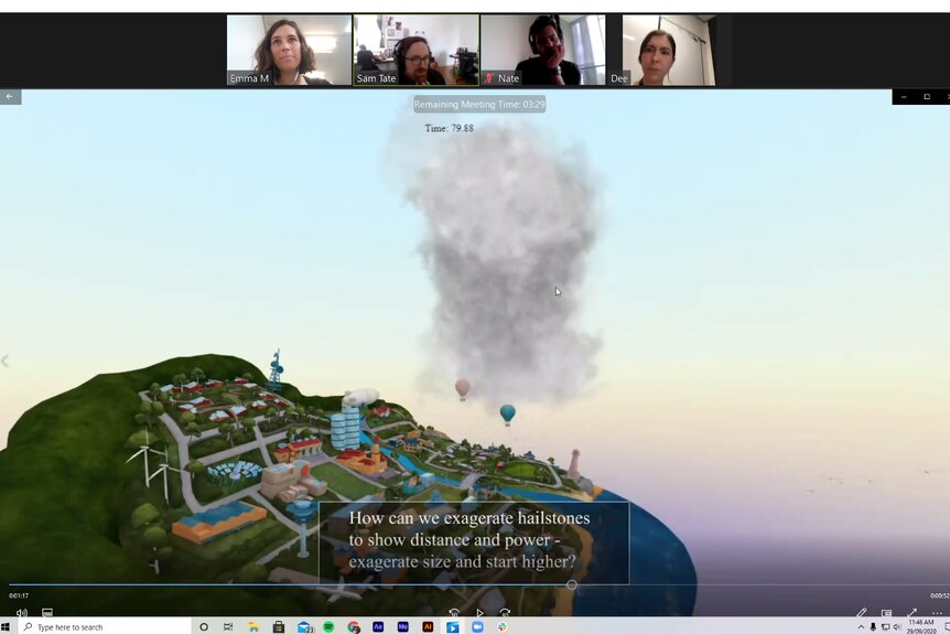 Screen shot of animated town with four windows at top featuring people's faces in zoom meeting.