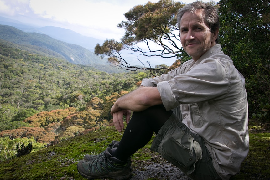 Man sits on mountaintop ledge.