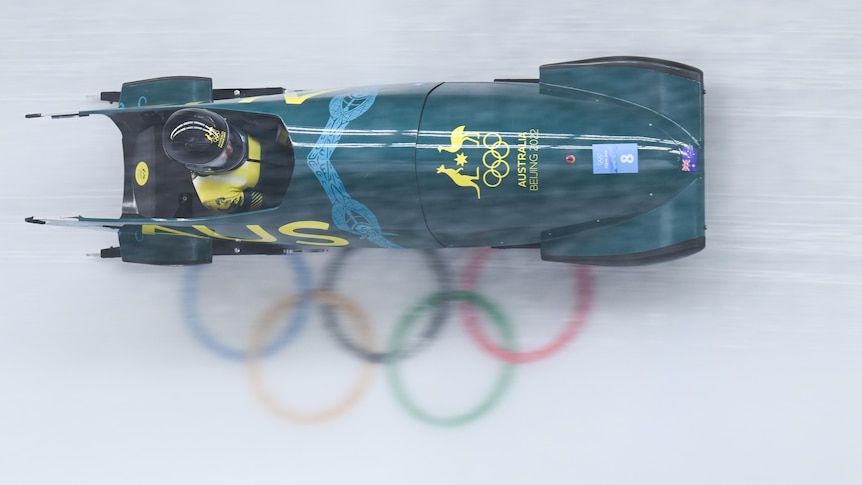 An Australian female competitor in the monobob competition at the Beijing Winter Olympics.
