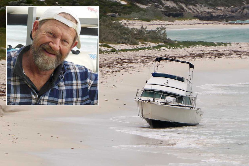 A boat washed up on a beach and an inset picture of a bearded man in a flannel blue shirt.