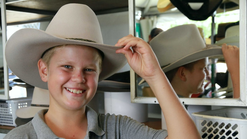 Hayden Beattie from Glamorgan Vale finds a new hat at Beef Australia 2018