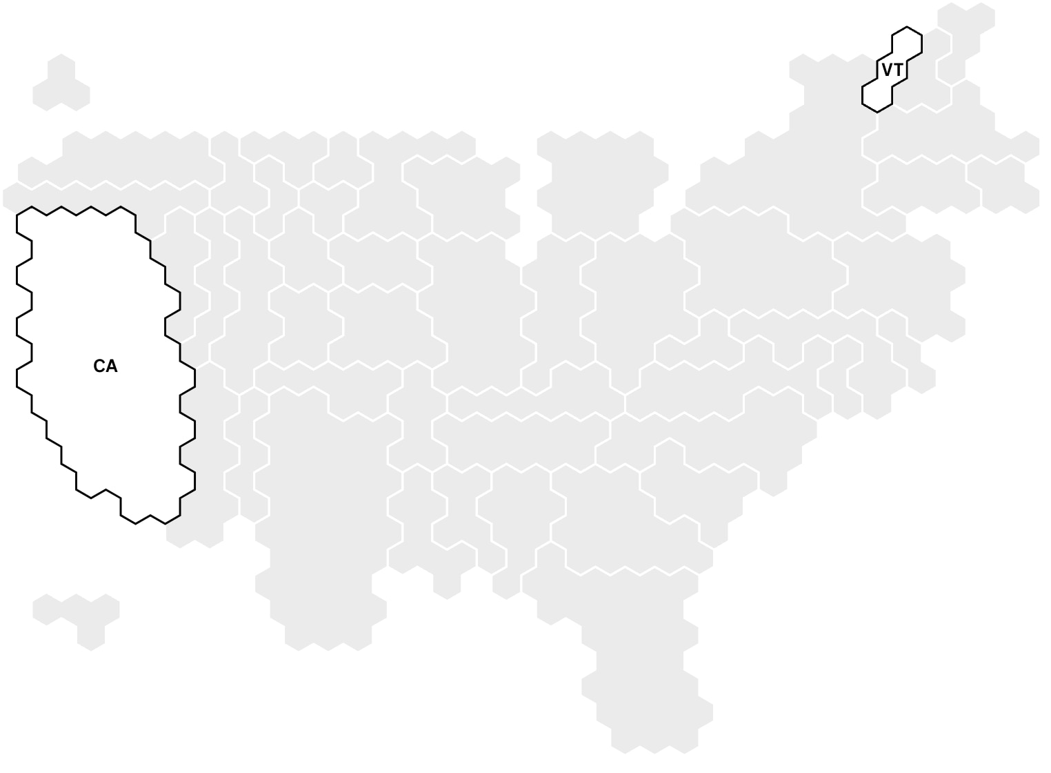 On a gray map of the United States, California and Vermont are highlighted in white. 