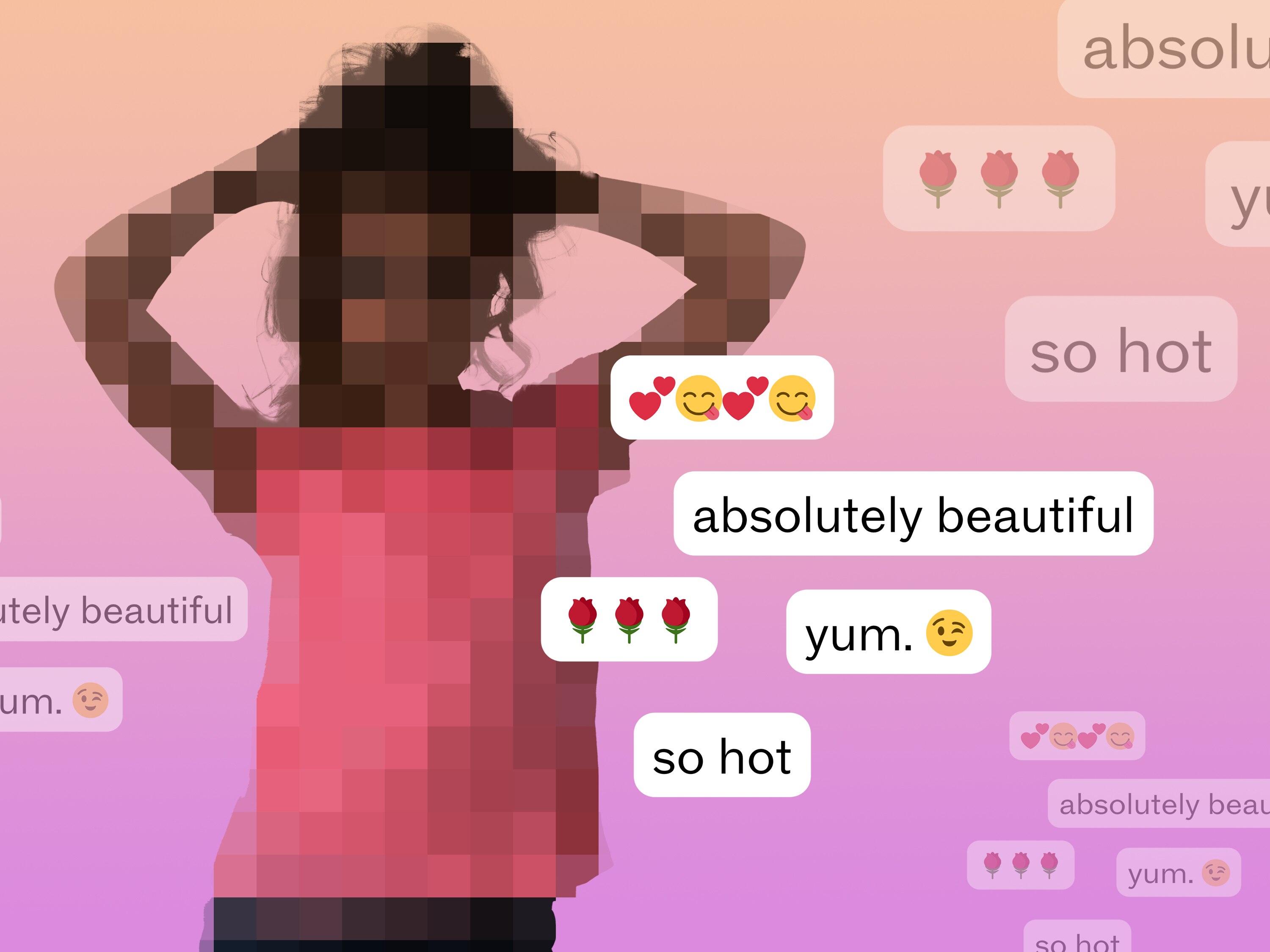 A graphic of a girl with her hands behind her head, surrounded by messages saying "absolutely beautiful", "yum", "so hot".