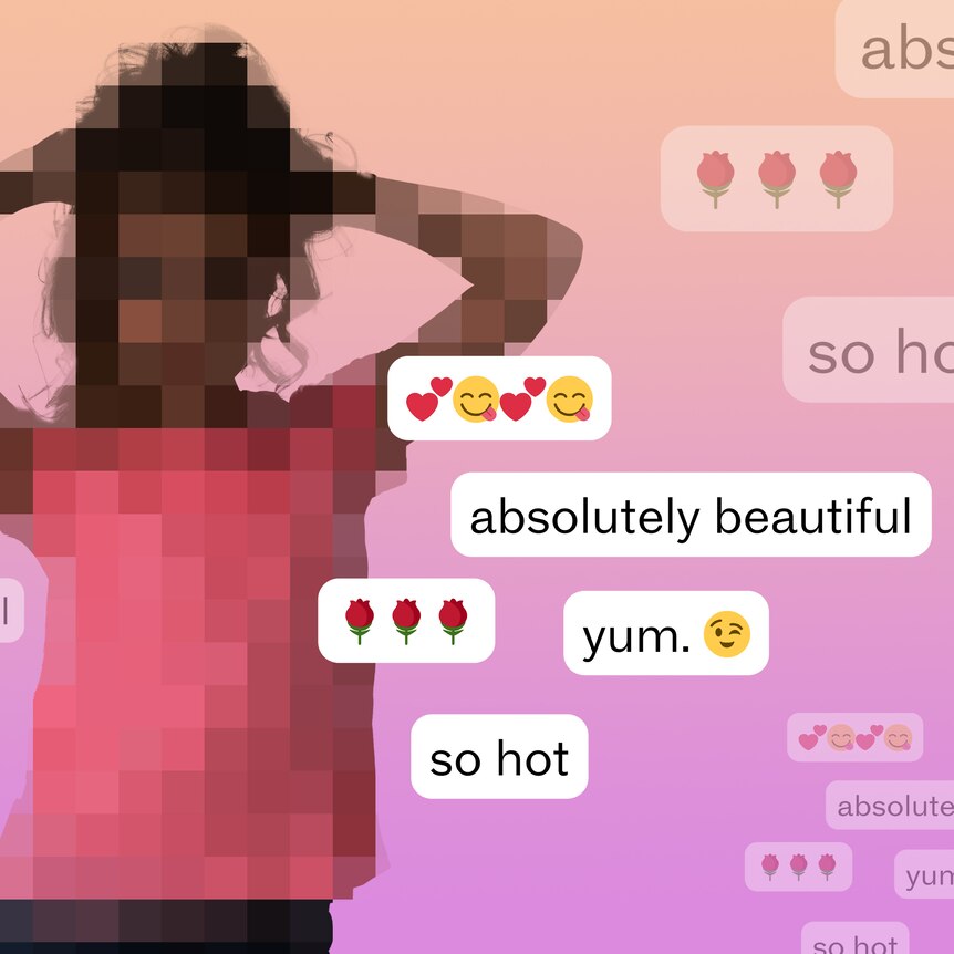 A graphic of a girl with her hands behind her head, surrounded by messages saying "absolutely beautiful", "yum", "so hot".
